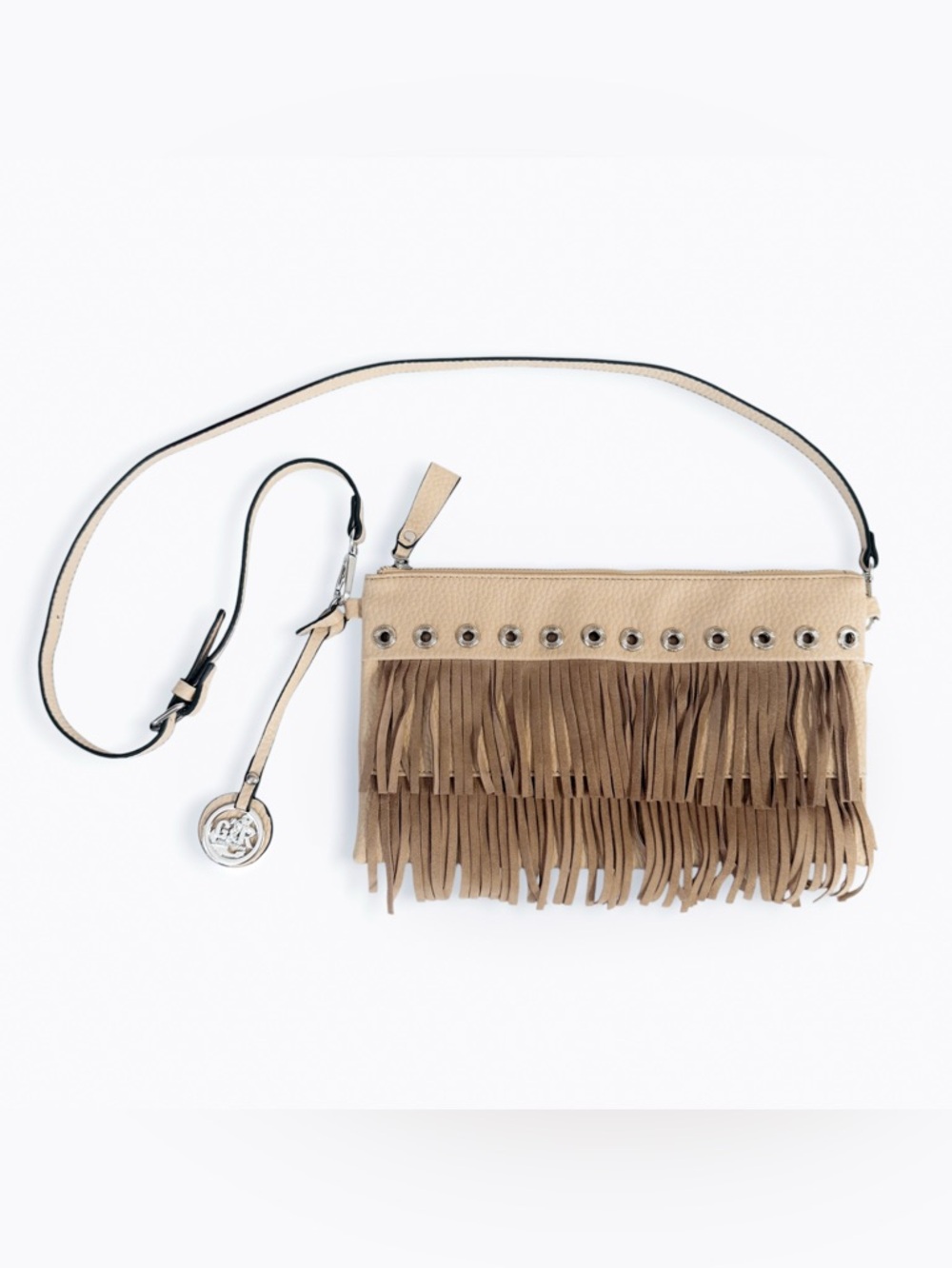 Giovani & Rucci Fringe Grommet Purse Convertible Strap Crossbody Bag Beige Tan